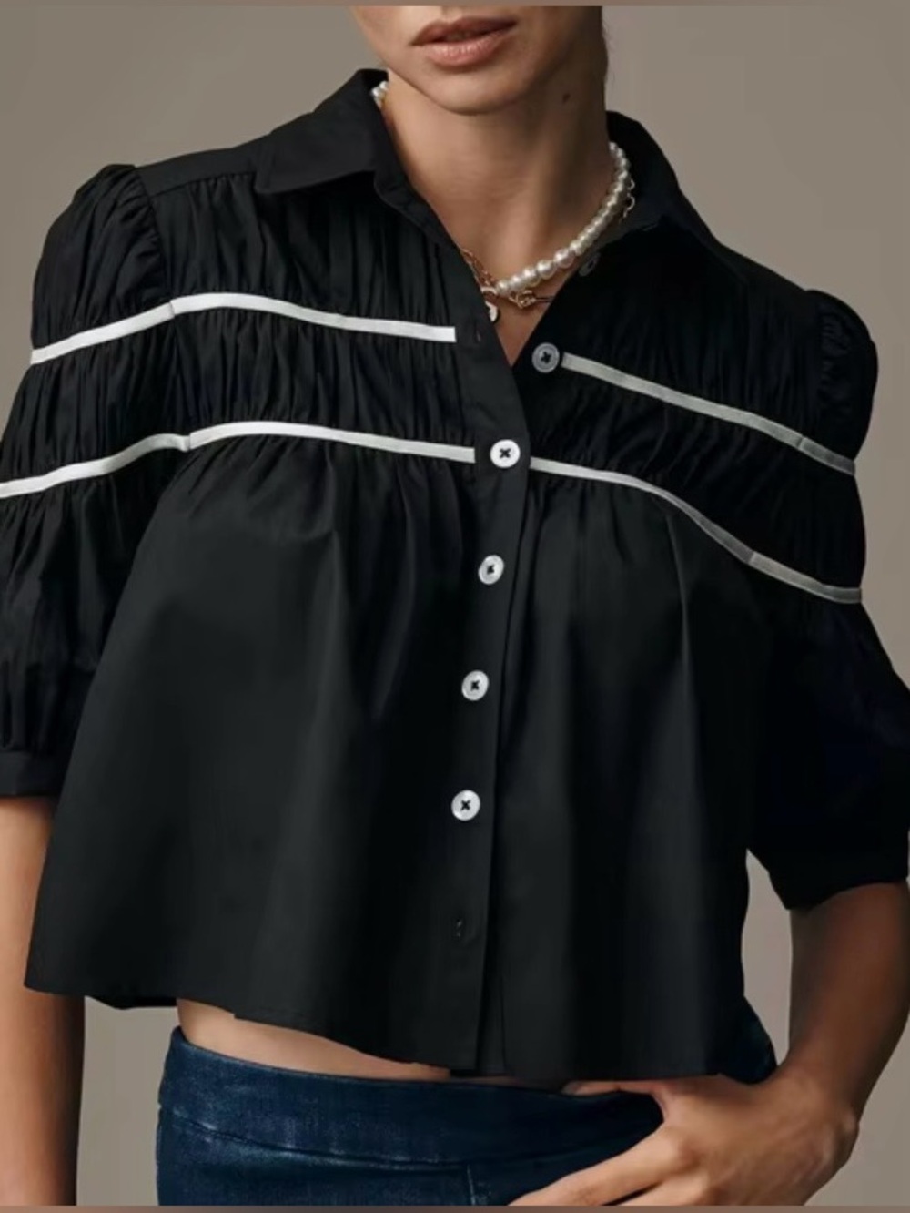 Anthropologie Maeve The Leandra Shirred Yoke 100% Cotton Black Blouse Sz 3x